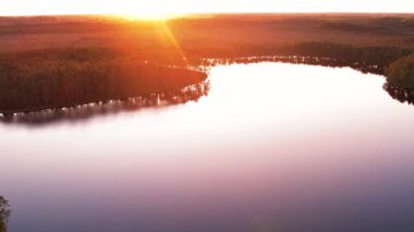 Gün batımında İHA 'dan göl. Letonya bataklık gölünde gün batımında. Güzel göl Purezer