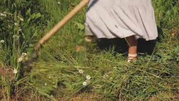 Koszenie Trawy Kosą Kobieta Kosi Trawę Kosą Praca Ręczna Wsi — Wideo stockowe