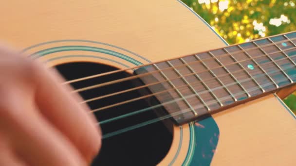 Играть Гитаре Закате Солнечные Лучи Гитарных Струнах Звуки Музыки Гитарных — стоковое видео