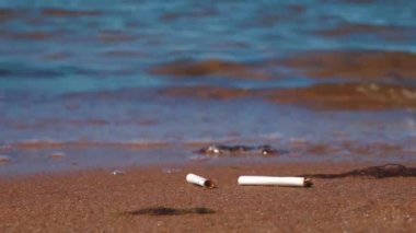 Garbage on the seashore. A cigarette butt was tossed in the sea sand. Environmental pollution in nature