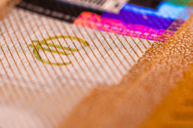 50 Euro 'luk banknot. Avro parası makro yakın plan. Avrupa Birliği 'nin 50 avro değerindeki nakit parasıyla ilgili ayrı haberler. Kavram için tasarruflar. oft seçici odak.