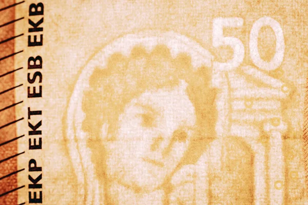 50欧元的钞票 欧元货币宏观特写 有关欧盟欧元现钞的另一个消息 欧元现钞的面值为50欧元 为这一概念节省的费用 — 图库照片