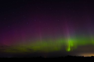 Letonya Gökyüzü Sonbaharda Yeşil Aurora. Gece vakti Aurora 'sının sakin manzarası, aydınlık yeşil manzara, yıldızlı göksel güzellik. Huzurlu Gece Gökyüzü, Yeşil Aurora Aydınlatıcı Gökyüzü