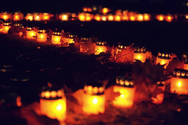 Burning Memorial Day Candles Burn Ground Soft Selective Focus — Stock Photo, Image