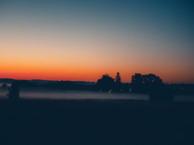 Sis ve parlak renklerle gün batımı. Çayırda sis.