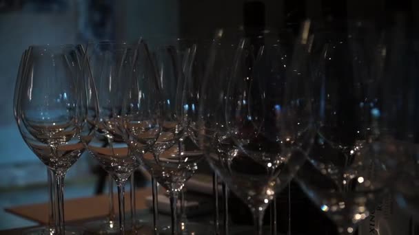 Weingläser Der Bar Unter Dunkler Beleuchtung Leere Gläser Auf Dem — Stockvideo