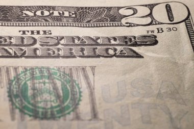 20 kağıt para makrosu. 20 dolarlık banknot için Super Macro. Finansal Zenginlik: Bankacılık ve Yatırımda Sermaye ve Kâr. Para birimi ve harflerle sembolize edilen mali büyüme.