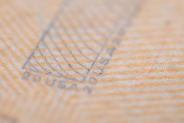 20 kağıt para makrosu. 20 dolarlık banknot için Super Macro. Finansal Zenginlik: Bankacılık ve Yatırımda Sermaye ve Kâr. Para birimi ve harflerle sembolize edilen mali büyüme.