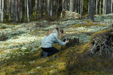 Bir kadın kamerayla orman doğasının fotoğrafını çeker.