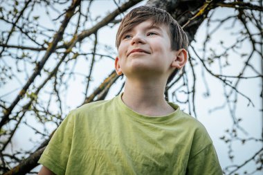 Bahçedeki bir ağaç dalında oturan bir çocuğun portresi.