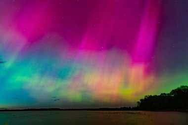 Burtnieks Gölü üzerinde Kuzey Işıkları. Aurora Borealis veya Kuzey Işıkları Letonya. Geceleri suda Aurora yansıması