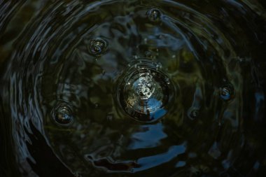 Karanlık suda dalgalanmalar yaratan bir su damlası. Sıçrama ve eşmerkezli daireler, sıvı dinamiğini ve hareketini vurguluyor..