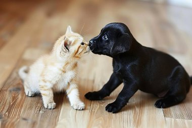 Sevimli köpek ve kedi yavrusu masum ve dost canlısı bağlarını göstererek, içten bir oyun zamanının tadını çıkarıyorlar.