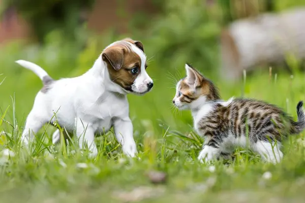 Sevimli kedi ve köpek birlikte oyun oynuyorlar. Yavru köpekle kedi arasındaki iç açıcı etkileşim.