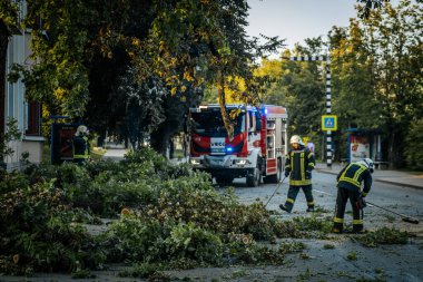 Tam teçhizatlı iki itfaiyeci, acil bir durum sonrasında yol kenarındaki ağaç dallarını ve enkazı temizliyor. Yakınlarda bir itfaiye arabası var.