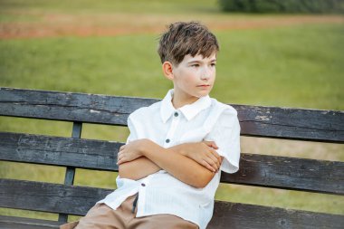 Genç bir çocuk ahşap bir park bankında otururken sıcak bir şekilde gülümsüyor. Yeşil, bulanık arka plan, onun neşeli ifadesini vurgulayan sakin bir açık hava ortamı yaratıyor. Boşluğu sol tarafa kopyala.