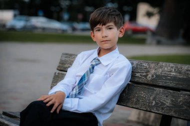 Beyaz gömlekli ve mavi ekose kravatlı genç bir çocuk ahşap bir bankta oturur, mesafeye bakarken düşünceli görünür. Şehir parkı düzeni ve sakin tavrı yansıtıcı ve dingin bir hava yaratır.