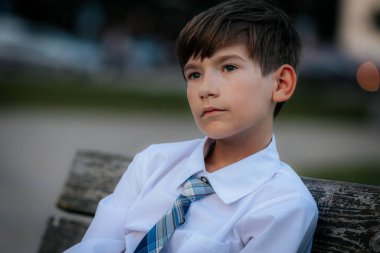 Beyaz gömlekli ve mavi ekose kravatlı genç bir çocuk ahşap bir bankta oturur, mesafeye bakarken düşünceli görünür. Şehir parkı düzeni ve sakin tavrı yansıtıcı ve dingin bir hava yaratır.