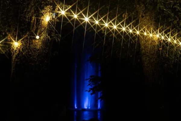 stock image A vibrant blue fountain glows in the night, surrounded by reflections on the water and festive string lights. Warm golden lights and starbursts enhance the serene nighttime scene.