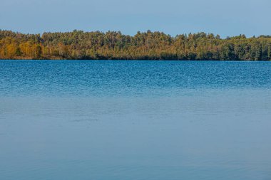 Augstroze Gölü 'nün sakin manzarası. Önünde durgun mavi sular ve uzakta ağaçlarla kaplı bir sahil. Ağaçlar açık bir gökyüzünün altında sonbaharın başlarında renkler sergilerler..