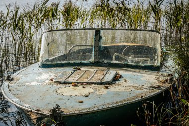 Eski, yıpranmış mavi bir tekne, yüksek sazlıklar ve sarkık ağaç dallarıyla çevrili sakin bir gölün kıyısındaki ahşap bir rıhtımın yanında dinleniyor. Sakin su ve doğa huzurlu bir ortam yaratır.