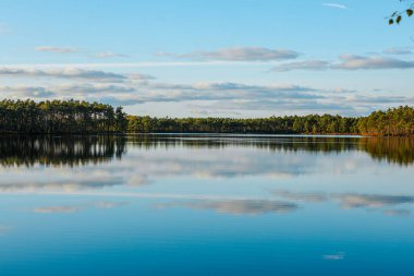 Augstroze Gölü 'nün sakin manzarası. Önünde durgun mavi sular ve uzakta ağaçlarla kaplı bir sahil. Ağaçlar açık bir gökyüzünün altında sonbaharın başlarında renkler sergilerler..