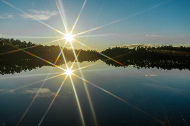 Güneşin, gölün durgun yüzeyine mükemmel bir şekilde yansıyan bir güneş patlaması etkisi yarattığı çarpıcı bir günbatımı sahnesi. Berrak gökyüzü ve siluetli ağaçlar dingin ve sakin atmosfere katkı sağlar..