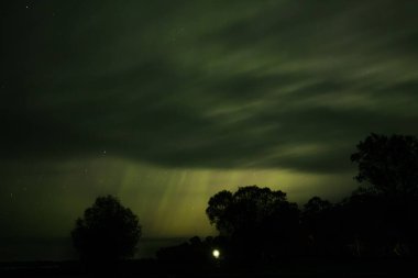 Yumuşak bulutların ve soluk yıldızlarla dolu parlayan bir gökyüzünün olduğu huzurlu bir gece sahnesi. Siluetli ağaçlar ön planda durur, uzak bir ışık ufuk çizgisinden hafif bir parıltı saçar..