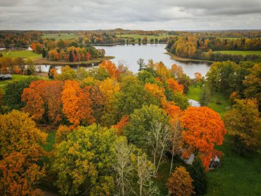 Sakin bir gölü çevreleyen yeşil, turuncu ve sarı ağaçlarla sonbahara dönüşen bir ormanın havadan görünüşü. Manzara çimenli tarlaları, dolambaçlı su kütlelerini içerir.