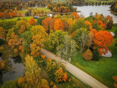 Sakin bir gölü çevreleyen yeşil, turuncu ve sarı ağaçlarla sonbahara dönüşen bir ormanın havadan görünüşü. Manzara çimenli tarlaları, dolambaçlı su kütlelerini içerir.