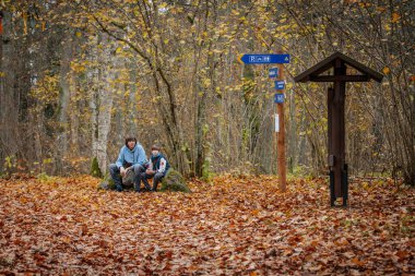 Genç bir yetişkin ve bir çocuk, sonbahar boyunca bir ormanda bir bankta otururken, ikisi de akıllı telefonlarına odaklanmış. Yer dökülen yapraklarla kaplı ve yakınlarda bir yosunlu kaya oturuyor..