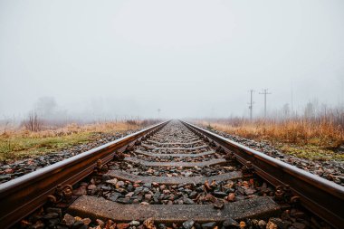 Ufukta beliren sisli tarlalar ve çimlerle çevrili düz demiryolu rayları. Sis ve soluk renkler yalnızlığı ve huzuru çağrıştırıyor..