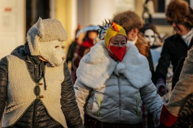 Bir grup kostümlü katılımcı, geleneksel kıyafet ve festival maskeleriyle Kış Gündönümünü kutluyor, kültürel mirası ve mevsimsel keyfi ele geçiriyorlar. 12.21.2024 Balvi, Letonya
