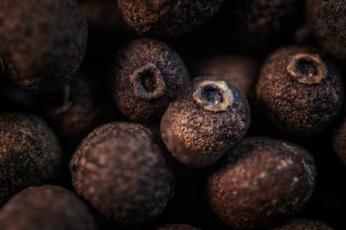 Close-up macro view of dried allspice berries, showcasing their textured surface and earthy brown tones. Ideal for culinary and spice-related imagery. clipart