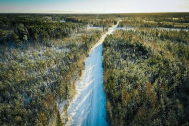Yoğun bir kış ormanını kesen karlı bir yolun havadan görünüşü, karla kaplı ağaçlar ve uzun gölgeler bırakan güneş ışığı..