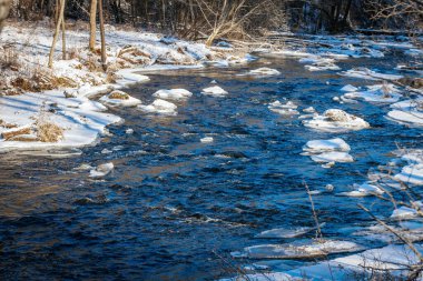 Karla kaplı kıyılar ve buzla kaplı ağaçlarla çevrili yumuşak akan bir nehrin olduğu huzurlu bir kış manzarası. Parlak güneş ışığı, kışın doğanın keskin güzelliğini vurgular..