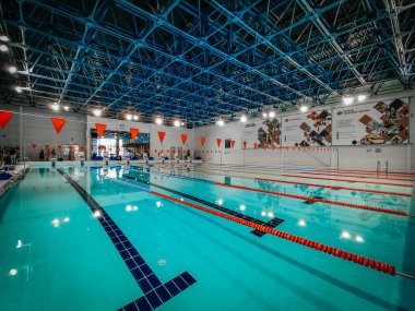 Indoor swimming pool with multiple lanes, bright lighting, and a clean design. Ideal for training, competitions, and recreational swimming in a professional sports facility