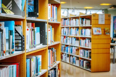 Renkli kitaplarla dolu düzgün düzenlenmiş kitaplıkları olan iyi ışıklandırılmış bir kütüphane. Modern iç mekan okuma, araştırma ve araştırma için davet edici bir alan yaratır. 08.03.2025 Valmiera, Letonya