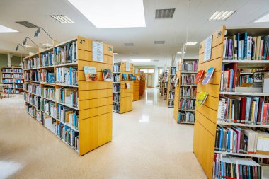 Renkli kitaplarla dolu düzgün düzenlenmiş kitaplıkları olan iyi ışıklandırılmış bir kütüphane. Modern iç mekan okuma, araştırma ve araştırma için davet edici bir alan yaratır. 08.03.2025 Valmiera, Letonya