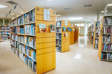 Renkli kitaplarla dolu düzgün düzenlenmiş kitaplıkları olan iyi ışıklandırılmış bir kütüphane. Modern iç mekan okuma, araştırma ve araştırma için davet edici bir alan yaratır. 08.03.2025 Valmiera, Letonya