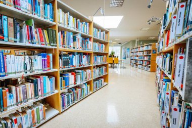 Kitaplıklarla dolu parlak ve modern bir kütüphane ve renkli yayınların sergilendiği dönen bir sergi rafı. İyi organize edilmiş alan okumayı davet ediyor. 08.03.2025 Valmiera, Letonya
