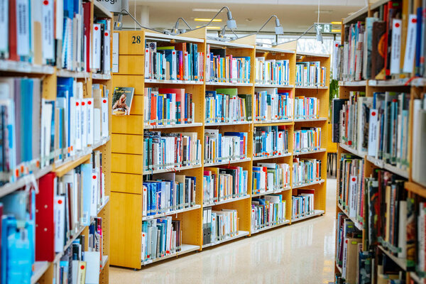 A well-lit library with neatly arranged bookshelves filled with colorful books. The modern interior creates an inviting space for reading, studying, and research.08.03.2025 Valmiera, Latvia