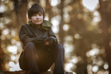 Siyah kapüşonlu genç bir çocuk, güneşli bir ormanda, taştan bir çıkıntıda oturur ve sakince uzaklara bakar. Altın ışık ve bulanık ağaçlar huzurlu, rüya gibi bir atmosfer yaratır..