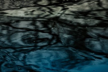 Dalgalanan suyun ağaç dallarını yansıtması, yağmur damlalarının dairesel desenler ve dokular oluşturması gibi soyut bir bakış açısı. Gölge ve yumuşak mavi tonların karışımı..