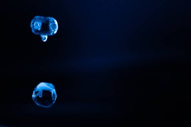 İki şeffaf mavi sıvı damlacık karanlık, minimum bir ortamda asılı, yansımalarla yavaşça parlayan ve geleceksel, ruhani bir hava yaratıyor. Kopyalama alanı içerir.