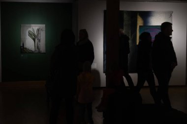Çocuklar da dahil olmak üzere bir grup insan, hafif ışıklandırılmış bir galeride aydınlatılmış tekstil sanat eserlerine bakıyorlar. Gölgeler ve kontrastlar derin bir atmosfer ekler. 17.05.2025 Valmiera, Letonya