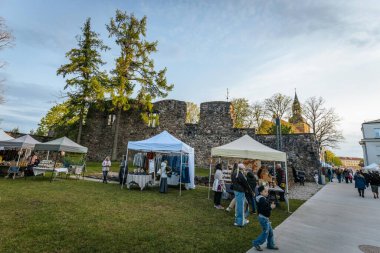 İnsanlar, el yapımı eşyalar, yerel yiyecekler ve el sanatları sunan bir açık hava pazarındaki teçhizat çadırlarının altındaki 17.05.2025 Valmiera, Letonya