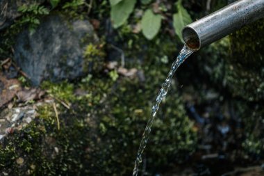 Doğal ortamdaki metal bir borudan gelen temiz su akıntıları, toprak tonlarının ve yeşilliğin yumuşak odaklı arka planına sahiptir..