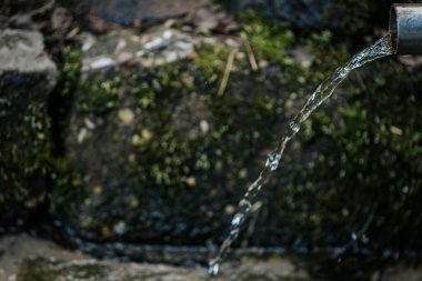 Doğal ortamdaki metal bir borudan gelen temiz su akıntıları, toprak tonlarının ve yeşilliğin yumuşak odaklı arka planına sahiptir..