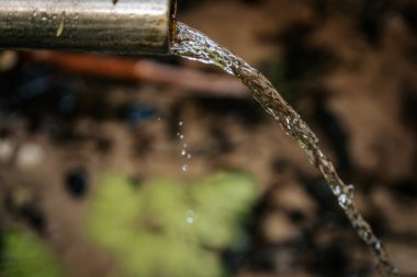 Doğal ortamdaki metal bir borudan gelen temiz su akıntıları, toprak tonlarının ve yeşilliğin yumuşak odaklı arka planına sahiptir..